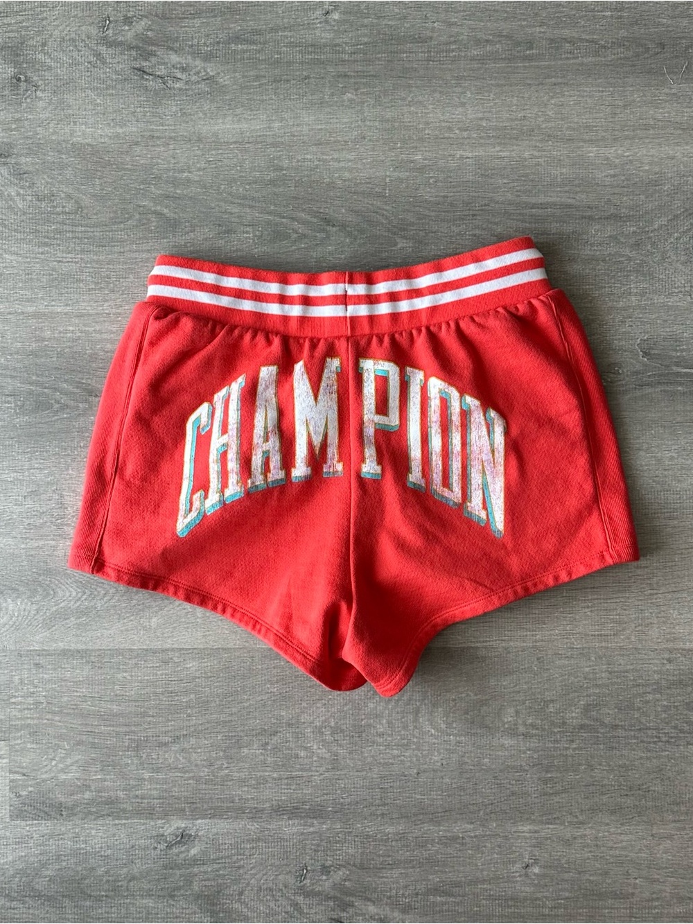 Champion Orange Reverse Weave Shorts with Striped Waistband Y2K Vintage